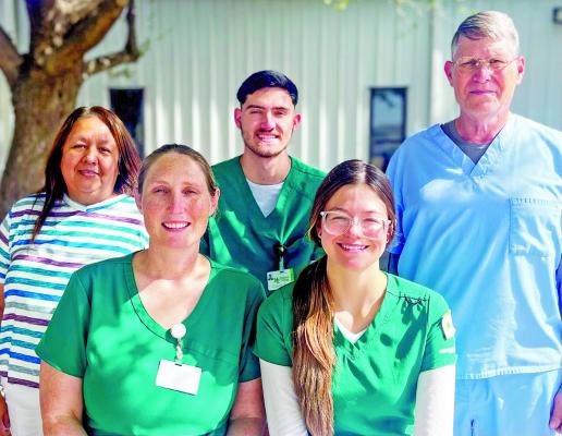Lisa Hernandez - WRTTC Nursing Program Secretary - and Jack Williams, BSN-RN professor, poses with this year’s LVN students who have completed the License Vocational Nursing Program this August at the Williams Regional Technical Training Center. Students are Connor Miller, Kim Arias, and Michaela Amaro. Courtesy photo/Andres Madrid