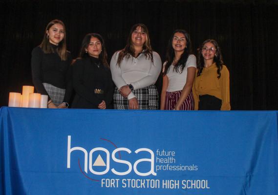 The HOSA officers at Fort Stockton High School are Janet Avalos, Historian; Leslie Flores, president; Ruby Romero, secretary; Laila Subia, treasurer; and Larie Belle Urbano, vice president. Photo by Nathan Heuer