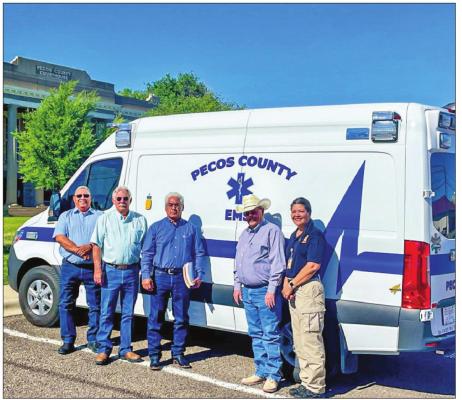The Pecos County Commissioners, county judge, and EMS Director posed with the county’s new ambulance outside the Pecos County Courthouse before the commissioners regular meeting on May 9. Pictured from left to right: commissioner Robert Gonzales, county judge Joe Shuster, commissioner Santiago Cantu, commissioner Tom Chapman, EMS director Lucia Mackintosh Castro. Courtesy Photo