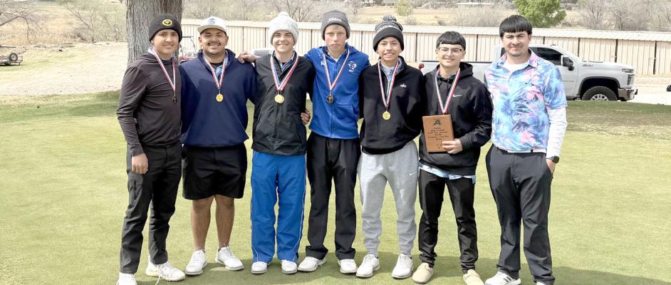 The Fort Stockton Panthers celebrate after capturing first place as a team, highlighted by B. Barragan’s individual championship round of 83. Courtesy Photo