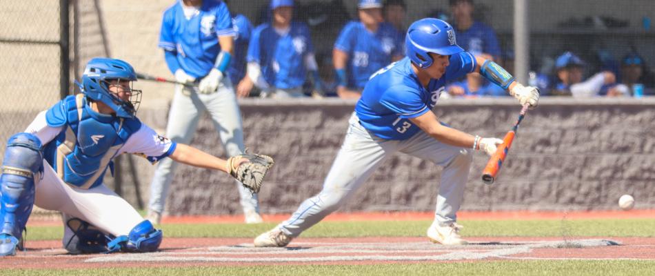 Isaiah Velasquez lays down a bunt in Thursday’s 20-0 win over Reagan County. Photo by Shawn Yorks