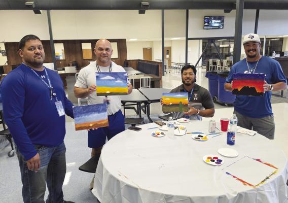 Fort Stockton High School staff took a little time to come together, connect, and get ready for a great year. Teachers enjoyed burgers cooked up by Mr. Guerrero and Mr. Vazquez, followed by a sit-and-paint led by Mr. Valadez. Along the way, Mr. Valadez shared some words of inspiration with our staff as everyone created their own West Texas sunset.