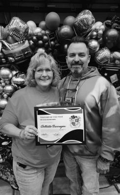 Fort Stockton High School named Collette Barragan teacher of the year, during their 1980’s themed banquet, seen here with FSHS Principal Kenneth Vogel. Courtesy photo