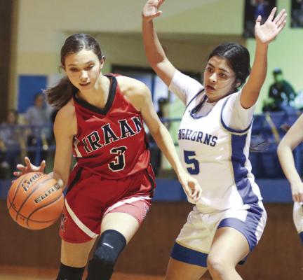 Buena Vista’s Ireland Sanchez (5) applies defensive pressure to Iraan senior Graycee Morado, Tuesday night in Imperial. The Lady Longhorns downed the Bravettes, 45-25. Photo by Shawn Yorks