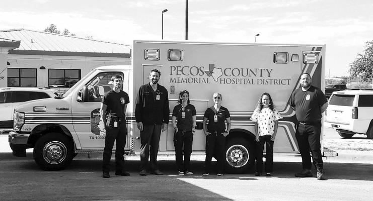 Pictured here in front of the Pecos County Memorial Hospital District’s brand-new emergency service vehicle, left to right, Dayton Smith EMT-Basic, Dr. Taylor, registered nurse Rebecca Hathaway, emergency room director Amanda Hayter, CEO Betsy Briscoe, and Jeremy Sartor EMT-Paramedic. Photo by Kerry Waldrip