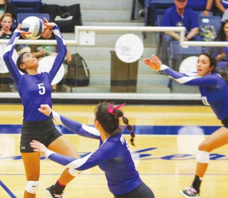 Junior Eliana Mata dishes out a serve during the Prowlers home bout against Monahans on Oct. 12. Photo by Nathan Heuer