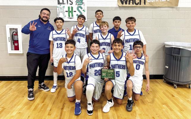 The 7th Grade White Team, under the guidance of Coach Bradley Bowman, opened the month by competing in the Andrews Tournament on Dec. 4 and 6. Fort Stockton played three games over the twoday stretch and finished with two wins, securing the consolation title. Courtesy Photo