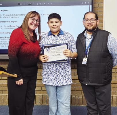 Joe Espino is the January Student of the Month. “A fifth-grader on the AB honor roll, Joe is recognized for his positive attitude and for being helpful and respectful in everything he does. He has perfect attendance for the current school year and is a member of the “96% club.” His teachers noted that his test scores are “outstanding” and reflect the significant effort he puts into all his work.”