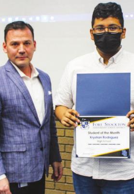 Krystian Rodriguez was selected as the Fort Stockton High School Student of the Month for January at the Fort Stockton ISD regular school board meeting on Jan. 18. Rodriguez is pictured with high school principal Roy Alvarado.