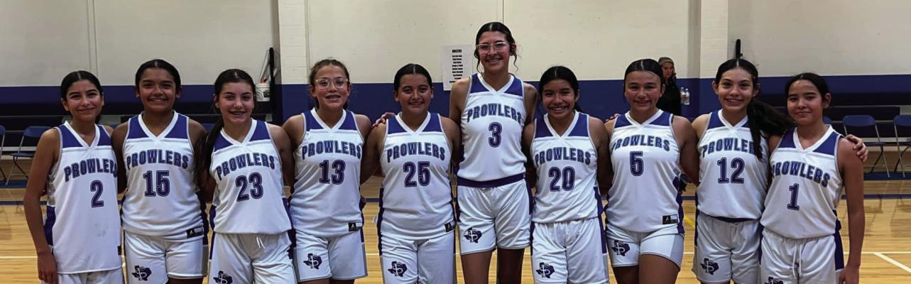 MS 8th Grade Blue Team after their win against the Mustangs in the Donavyn Vaughn Gym. Pictured left to right: Raquelle Jimenez, Sophia Ronquillo, Gianna Corral, Grace Rojas, Avalon Palacios, Camryn Reeves, Zoe Lopez, Jesmy Ortiz, Lexus Sotelo, Xiomara Lopez. Photo by Becky Rojas