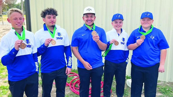 The Fort Stockton High School varsity boys golf team of Ejay Ortiz, Rylee Muniz, Cody Young, Bradye Barragan, and Ethan Nunez finished third last weekend at the Monahans Sandhills Tournament. Courtesy photo