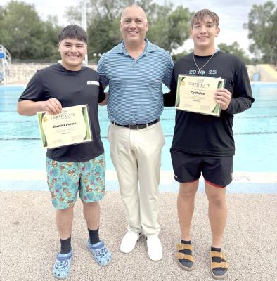 33 Lead Foundation representative poses with Fort Stockton seniors Daniel Perez and Cy Rojas after the pair were awarded $1,000 scholarships during the 2026 FSHS Spring Fling celebration for their leadership on and off the field. Courtesy Photo