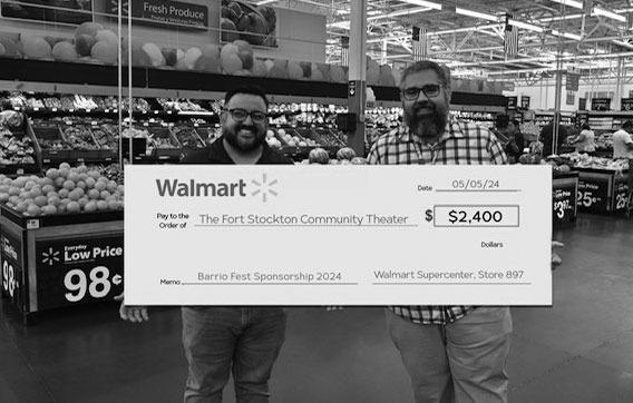 Randy Thomas, Manager of the local Walmart, presents a check to Andres Madrid, a member of the Barrio Fest III Planning Committee, to help sponsor events for this year’s Barrio Fest. Other sponsors so far are: Permian Basin Area Foundation, Edward Jones, Designer Carpets and Interiors, and Diane and Wayne Indorf. Sponsors make it possible for all events at Barrio Fest to be free to the public. Visit the website texasbarriofest. com to become a sponsor or contact a member of the Planning Committee.
