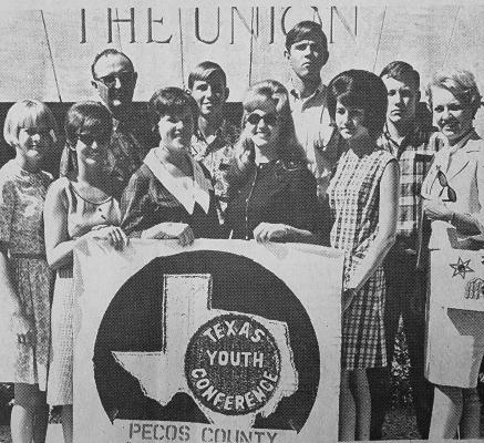 August 18, 1966 - TEXAS YOUTH – Eight Pecos County youth leaders attend the fourth Texas Conference August 18-21 in Austin. (left to right) front row; Regina Hargus, Ramona Hargus, Martha Beene, Pat Redden, Joyce Faulkenberry and sponsor Eugine Upshaw, Sam Samford, Randy Brown, and Aishman.
