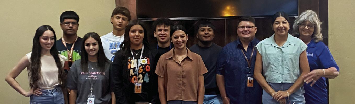 The class of 2024 are Audrey Mendoza, Jordan Carrillo, Elizabeth Bislar, Aryan Hernandez, Jaslyn Pacheco, Cruz Rocha, Andrew Ramirez, Ector Martinez, Amaya Urias. Not in picture: Melena Ramirez, Daeja Dominguez and Janean Gonzalez.