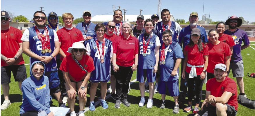 Pictured is the Fort Stockton Special Olympics team of Mario Figerioa, Elvia Lujan, Alexis Duarte, Israel “Snowy” Carrasco, Anthony “Ant” Rosa, Ysabel “Chel” Duarte, Gabriel “Bear” Hernandez, William “Bill” Melhberg, Steven Flores, Robert “Coach” Guinn, Jeanette Thorne and other Volunteers and Helpers for Special Olympics. Photo courtesy of Michelle Guinn - Fort Stockton Special Olympics Chaperone &amp; Facebook Manager
