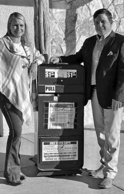 Shelley and J.T. Maroney stand outside the Pioneer office in Fort Stockton. Their company, JTM Newspapers, recently purchased the Pioneer. (Photo by Gail Diane Yovanovich)