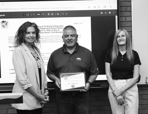 Last Monday, the FSISD board recognized Amistad Motors with the Order of the Panther. Gil Rey Madrid thanked the business for years of generous donations to district programs, stating that such community partnerships are vital to the district’s ability to serve its students. Pioneer Photo by Joh Covington
