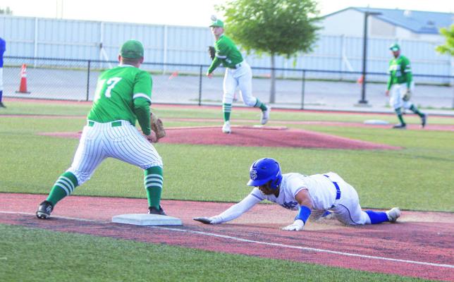 Fort Stockton senior Adrian Hernandez returns to first base safe after a pickoff attempt by Monahans pitcher Nathan Swarb in the first inning of Friday’s game on the Panthers homefield. Photo by Nathan Heuer