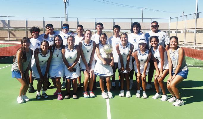 The Fort Stockton Panther tennis team celebrates its bi-district championship after defeating Brock 10-9 on Monday, Oct. 5, in Sweetwater. The Panthers advance to the area round. Courtesy photo.
