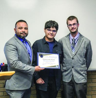 Sebastian Sanchez was named Fort Stockton’s Alamo Middle School Student of the Month. Sanchez is pictured here with Principal Sammy Soliz and Campus Curriculum Director Timothy Carter.