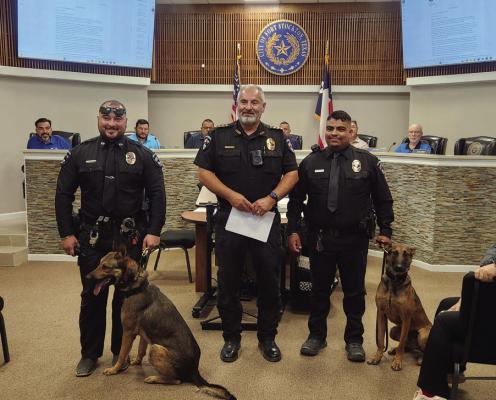 K-9 Officers Reaper and Gunner, the Fort Stockton Police Department’s newest K-9 officers, were introduced with reverence, along with their handlers, Officer Derek Calderon and Officer Isaac Matamoros. Pioneer Photo by Joh Covington