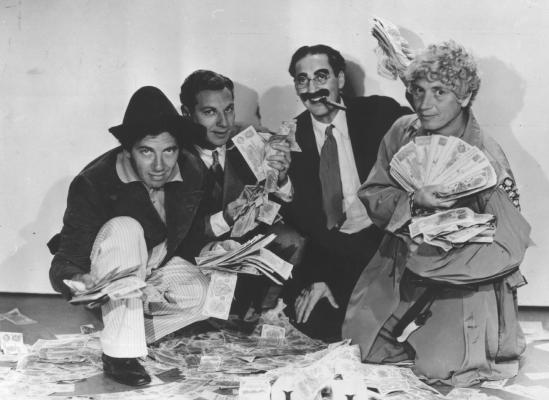 Chico, Zeppo, Groucho and Harpo Marx count their money in the comedy, Duck Soup, screening this Saturday at the Nelson Street Theater.