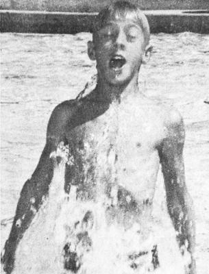August 1969 - WHAT GOES - A long time ago, the rule was: “What goes up must come down.” Space travel has rendered that edict obsolete, but has not affected the opposite rule at Comanche Springs Swimming Pool. Jerry West proves that what goes down must come up - for air, if for no other reason. (Pioneer Photo)