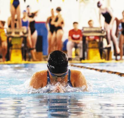 Fort Stockton’s Carly Sandoval helped the Blue Wave girls’ 200yard freestyle relay finish ninth in 2:11.57 at the UTPB Invitational on Oct. 3 in Odessa. Courtesy photo.