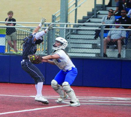 Fort Stockton catcher Yadira Hernandez tags Permian’s Hilda Rayos for an out during the teams matchup at Prowler Field on Feb. 21. Photo by Nathan Heuer