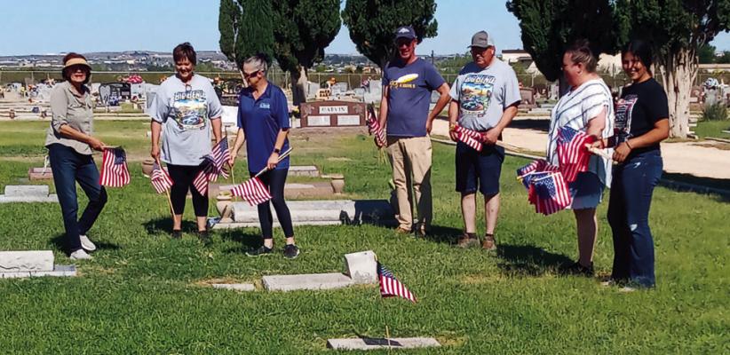 On Saturday, May 25, Chamber Board, Ambassador, and Leadership Fort Stockton members placed flags on the veterans’ graves at East Hill Cemetary. Afterward, Chamber Board of Directors member (and Leadership alumni) Caitlyn Bennet and her family removed all the flags. Ambassador Miriam Forgacs, Boss Ambassador Letricia Slater, Leadership alumna Karen Milliner, Board of Director member Ross Harper, Past President Charles Slater, and Ambassador Anita Gandy preparing to place flags at East Hill Cemetery.