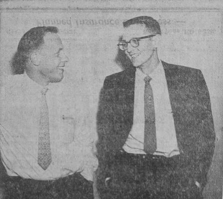MARCH 1960 — SAFEWAY men talk it over - Carl Lorey (left) is giving Jud Young an enthusiastic description of the friendliness of Fort Stockton. Lorey has been transferred from Fort Stockton’s Safeway store to a new store in Odessa. Young came here from Midland and assumed direction of Safeway here Monday. (Pioneer Photo)