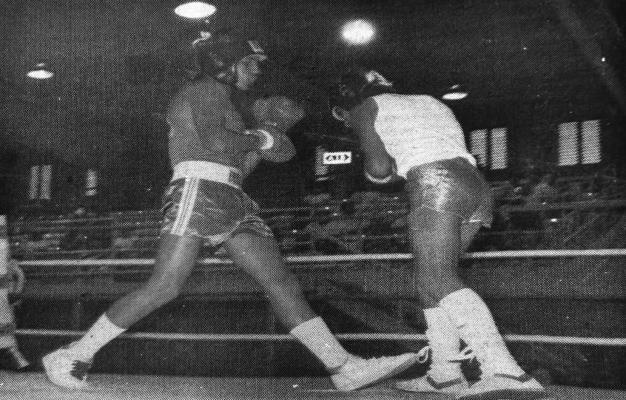 August 1985 Ducking Away - Eddie Martinez [at right] ducks away from Big Spring’s Pat Rios in a battle of 95-pounders Saturday night at the Chaparral Club Smoker help in Pecos County Coliseum. Rios won the bout. [Pioneer Photo]