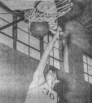 JANUARY 1961- FAMILIAR SIGHT-Six-foot eightinch Eddie Pruitt demonstrates the form that gave him 54 points in four games during the weekend Big Lake basketball tournament won by Fort Stockton. The lanky Panther pivot man, only a junior, controlled the backboards as if they were personal property although pulled out early in the last two games as Fort Stockton rolled up big leads quickly. (Staff Photo)