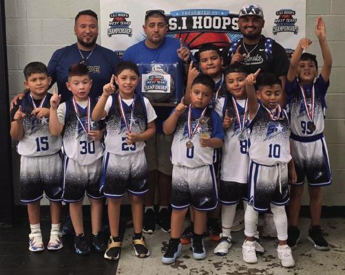 The Stockton Stars celebrate their Silver Bracket championship after defeating West Texas Swish 9-6 on July 19 in Odessa. Team members include Adren Garcia, Gus Garza, Ramsey Ramos, Devin Benavente, Edrick Sanchez, Dustin Lopez, Niam Boinpally and Kobe Allen, with head coach Ricardo Garcia and assistant coaches Karl Allen and Dustin Lopez.
