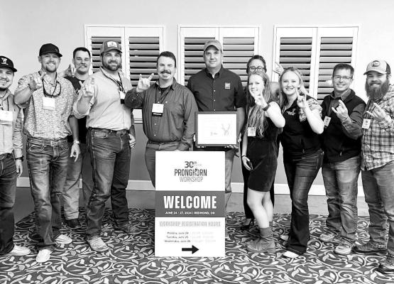 Cutline: Attendees at the 30th Biennial Pronghorn Workshop in Redmond, Oregon are from left to right, Jose Etchart, James Weaver, Anthony Opatz, Dr. Justin French, Dr. Levi Hefflefinger, Shawn Gray, Erin O’Connell, Courtney Ramsey, Angela Grogan Patrick, Mike Janis, and Jacob Locke.