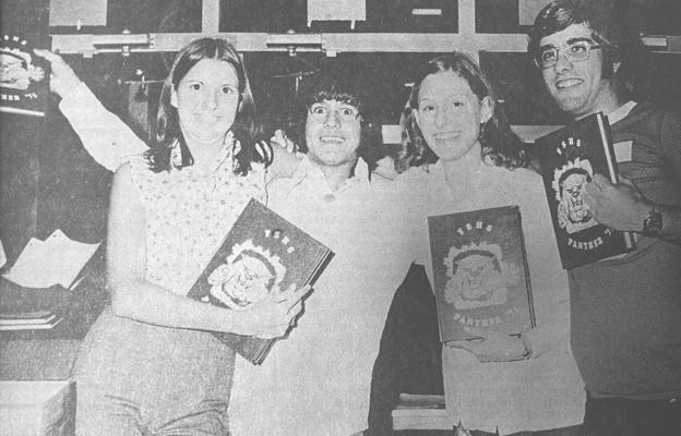 August 1975 issue: YAY, IT’S FINALLY OUT!” The long-awaited event of any Fort Stockton High School student’s summer, the annual “Howdy Party” was held Thursday evening at Fort Stockton High School. During the party, students picked up their 1975 Panther yearbook, and enjoyed an autograph party. Selling the annuals (from left are Editor Stephanie Smith, Armando Ramirez, Diane Prien and Grant Bloom.