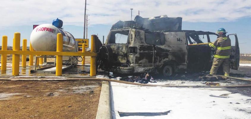 A van parked by the Love’s Travel Stop propane tank was burnt in its entirety on March 4 in Fort Stockton. The Fort Stockton Fire Department was able to put out the fire before any potential explosions could occur. Photo by Jeremy Gonzalez