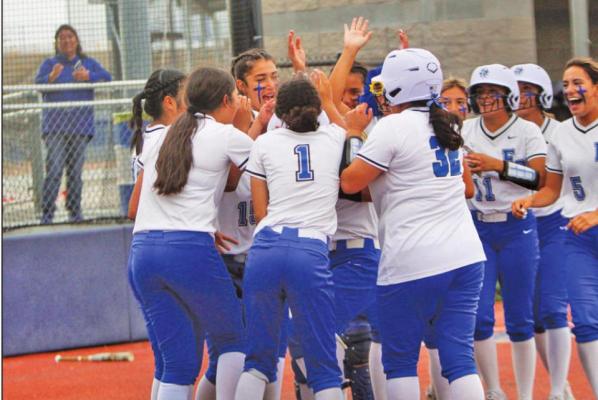 Fort Stockton’s Yadira Hernandez is embraced by her teammates after her home run to end the Prowlers victory against Pecos on April 19 at home. Hernandez was 1-of-4 at the plate against Alpine on April 25 and finished the season with a .368 batting average. Photo by Nathan Heuer