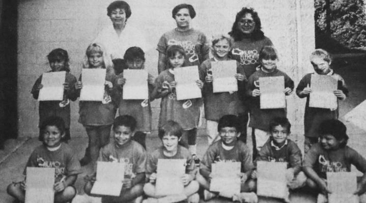 June 1990: ALAMO ELEMENTARY first graders honored for perfect this school year were, front, from left, Hector Natividad, Remie Ramos, Kevin Campbell, Dominique Subia, Jeffrey Hickman and Edson Lopez. Second row, from left, Amanda Esquivel, Heather Crawford, Abigail Flores, Zoreida Galindo, Whitney Lowther, Casey Brown, and Keeley Gates. Perfect attendance teachers were, from left, Dora Terrazas, Elma Tarango and Viola Alvarez.
