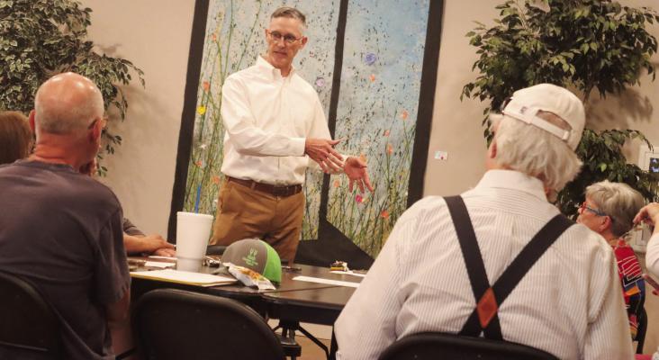 Steven Walker discusses his donation with the Fort Stockton Community Theatre board of directors on May 9. Photo by Shawn Yorks