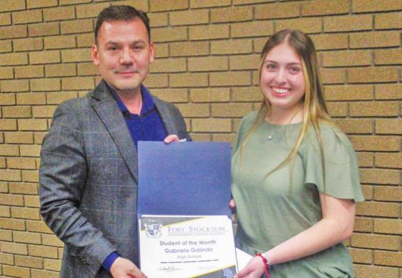 Gabriela Galindo, right, was named Fort Stockton ISD High School Student of the Month at the district’s school board meeting on March 28 at the district’s administrative building. Pictured with Galindo is Roy Alvarado, assistant superintendent at the high school campus. Not pictured in the Student of the Month photos is Intermediate Student of the Month Raquelle Jimenez.