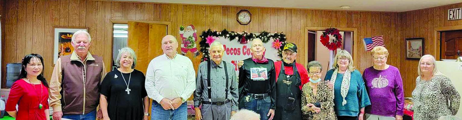Pecos County Judge Joe Shuster swore in the Advisory Board 2024 for the Pecos County Senior Center on Dec. 15 during the Christmas dinner. From left, Maria Gilbert, Senior Center Director; Joe Shuster, County Judge; Sylvia Villalba, Membership; Kirby Warnock, Publicity; Alonzo Martinez, President; Paul Webb, Food; Oscar Gonzalez, Recreation; Delores Perkins, Vice President; Diann Warnock, Treasurer; Shirley Smetak, Secretary and Rhonda Jolley, Historian.