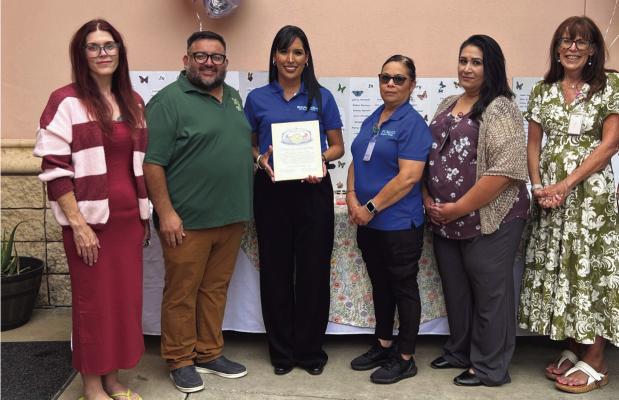 Pecos County Historical Commission presenting a recognition certificate to Pecos County Memorial Hospital District. Pictured left to right: Historical Representative Kendra Reed, Andres Madrid, Hospital representatives Monica Mendoza, Elva Rodriguez, Jolynn Woodberry, Michelle Huckaby, and Argelia Prieto. Courtesy Photo by Pecos County Historical Commission