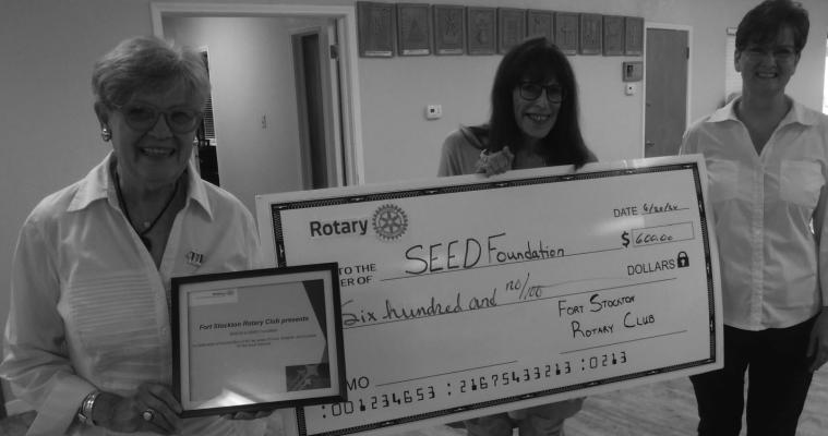 The Fort Stockton Rotary presented a check for $600.00 to celebrate Sondra Bynum for the years of love, support, and cookies that she gave to Adult Learners. Mrs. Bynum was the gentle force behind the success of many Adult Learners who received their GED or improved their English through ESL classes at the WRTTC. Her daughter, Kay Griffith, received the Certificate of Celebration presented by Alice Duerkson and Michele Huckaby.