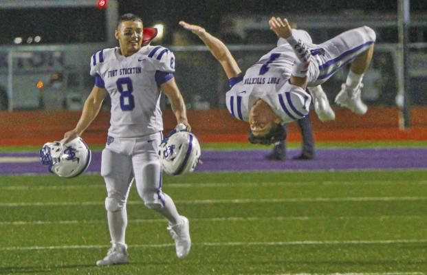 Senior linebacker Daren Ureste (1) performed his signature backflip while fellow linebacker Jaydrien Ramirez looks on following Friday’s victory at Alpine. Photo by Nathan Heuer