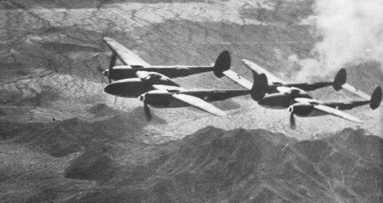 A pair of P-38 Lockheed Lightnings flying over the Sierra Madera, just south of Fort Stockton on Hwy 38. Photo courtesy of the Fort Stockton Historical Society