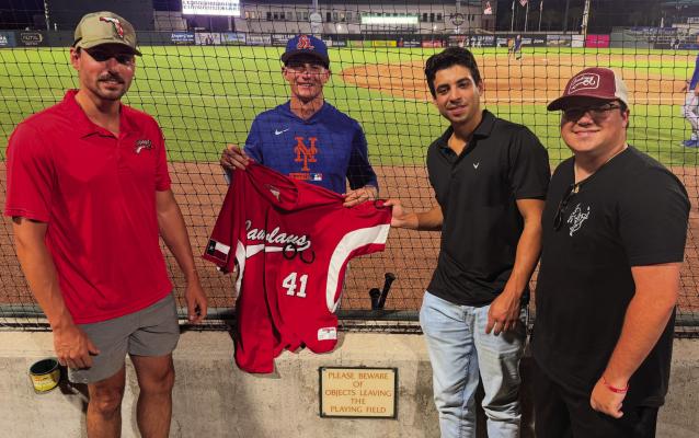 Alpine Cowboys Michael Castillo, Andres Garcia and Ethan Eibe visit 2024 Pecos League MVP Taylor Darden, second from left, at Roger Dean Chevrolet Stadium in Jupiter, Florida. Darden is continuing his professional career with the St. Lucie Mets. Courtesy photo/Alpine Cowboys Pro Baseball Club.