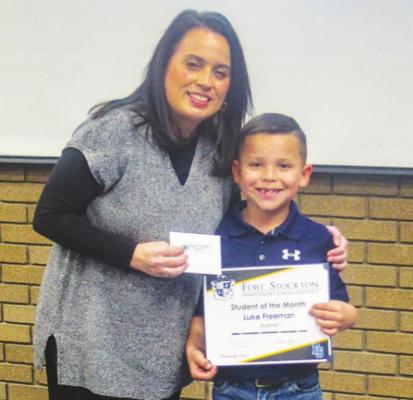 Alamo Principal Linda Chavez presented the FSISD Alamo Student of the Month award to Luke Freeman at the district’s school board meeting on Feb. 16.
