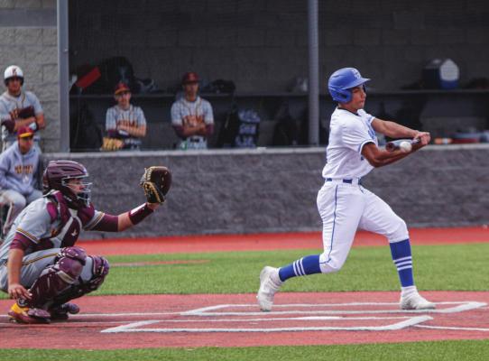 Fort Stockton senior A.J. Garcia makes contact with a pitch during the Panthers 9-1 win over Kermit on Thursday, Feb. 25 to begin the Comanche Classic. Photo by Nathan Heuer